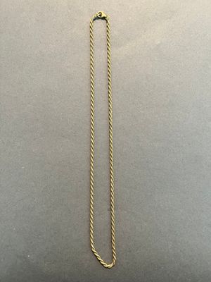 a gold necklace with a long chain hanging from it ' s end