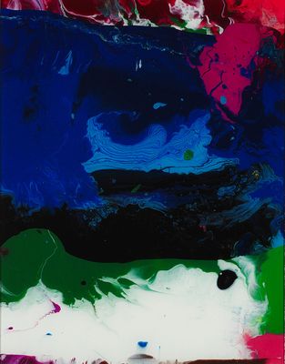 an abstract painting of blue, red, green, and black on a white background