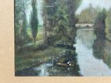 a painting of a boat on a river with trees in the background