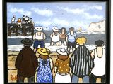 peinture d'un groupe de personnes debout sur une plage au bord de l'océan