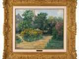 une peinture à l'huile représentant un jardin avec un sentier et des fleurs