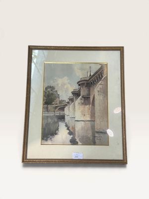 painting of a bridge over a body of water with a building in the background