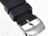 the strap is black and has a silver buckle on it