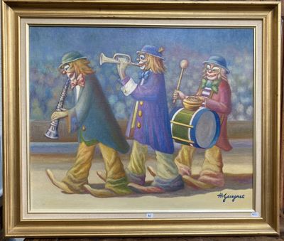un tableau représentant un groupe de clowns jouant des instruments de musique
