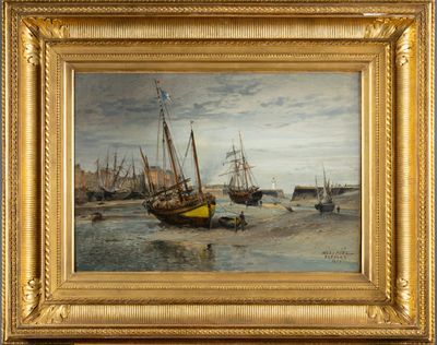 une peinture à l'huile représentant des bateaux dans un port par temps nuageux
