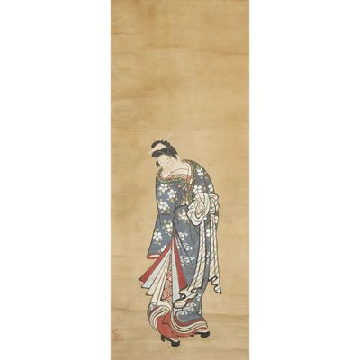 an oriental painting of a woman in a kimono