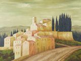tableau représentant un village situé sur une colline, avec un chemin de terre