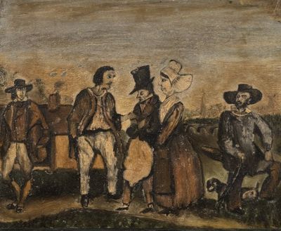 an image of a painting of a group of people standing in a field