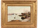 an oil painting of boats in the water near a pier