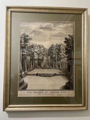 an old drawing of a garden with a fountain in the middle of it