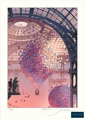 une image représentant un tableau d'une montgolfière à l'intérieur d'un bâtiment