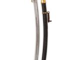 a black and gold sword with a wooden handle on a white background