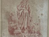 drawing of a woman with a dog in a landscape