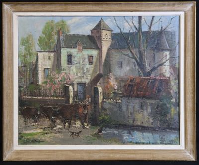une peinture à l'huile représentant une calèche devant une maison