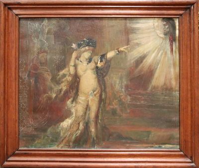 une peinture à l'huile représentant une femme tenant un pistolet dans une pièce