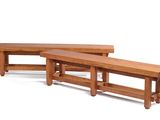 two wooden benches sitting next to each other on a white surface