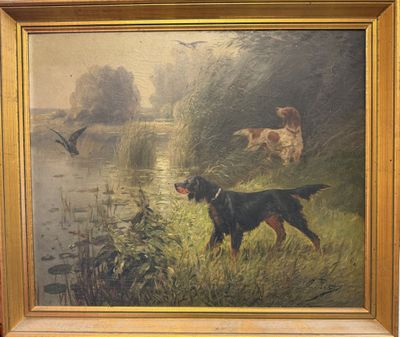 a painting of a dog that is standing in the grass