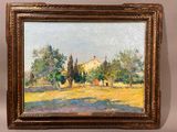 une peinture à l'huile d'un paysage avec une maison au loin
