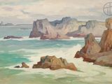 painting of a painting of a rocky coast with a lighthouse in the distance