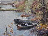 a painting of a boat that is sitting on the water
