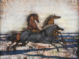 painting of two horses galloping in a field with a sky background