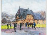 painting of a group of people walking around a building with a horse