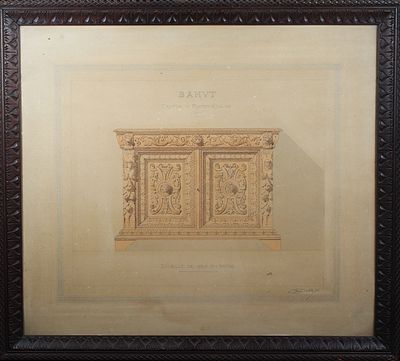 un dessin ancien encadré représentant une commode posée sur une table