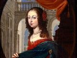 portrait of a lady in a red dress with a blue shawl