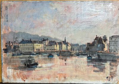 tableau représentant un tableau de bateaux dans un port, avec des bâtiments en arrière-plan