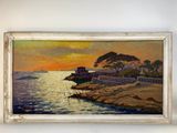 painting of a sunset over a body of water with a lighthouse in the distance