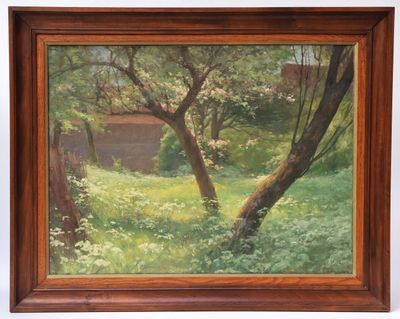 une peinture à l'huile représentant un arbre dans un espace verdoyant, avec une maison en arrière-plan
