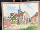an oil painting of a church on an easel on a black background