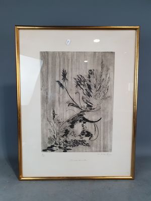 un dessin en noir et blanc représentant une plante, dans un cadre doré