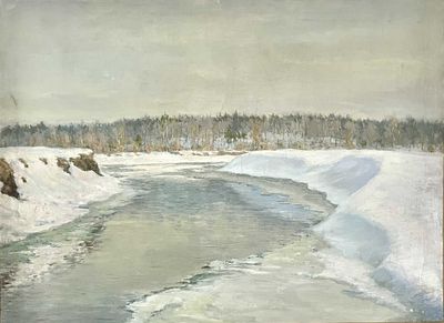 painting of a river in a snowy landscape with trees in the background