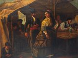 painting of a group of people sitting around a table in a tent