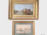 deux tableaux encadrés représentant un village et une rivière avec un bateau