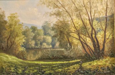 a painting of a river in the middle of a field
