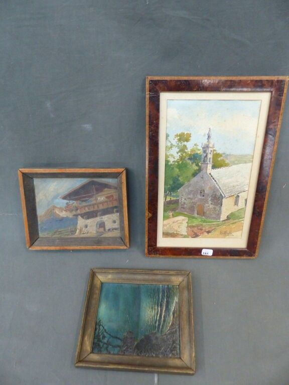 Henri Prosper WIRTH (1869-1947) Chapelle bretonne Aquarelle sur papier signée en bas à droite 23 x 13 cm On y joint d...