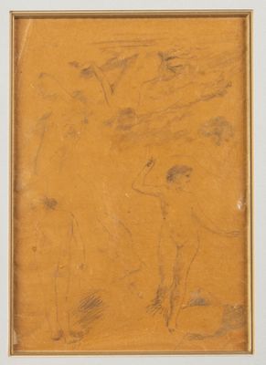 an old painting of a man and a dog in a white frame
