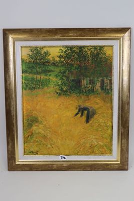painting of a man walking through a field with a bird in the foreground