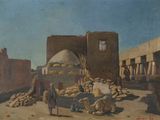 painting of a man standing in front of a building next to a pile of rocks