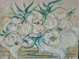 a painting of a vase of flowers on a table