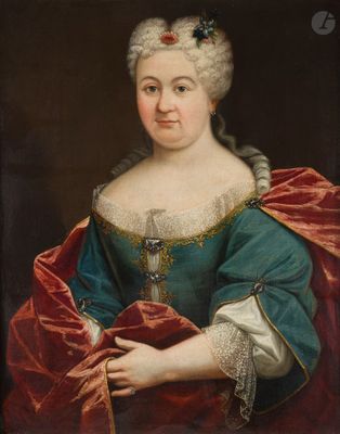 portrait d'une dame en robe verte et cape rouge
