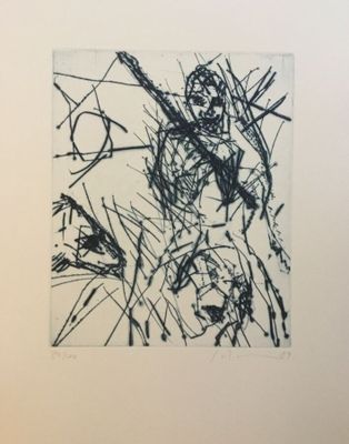 an image of a black and white drawing of a man with a guitar