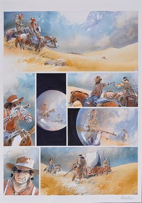 painting of a collage of cowboys riding horses in the desert