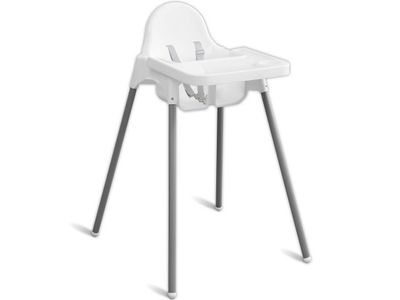 the high chair is white and has metal legs