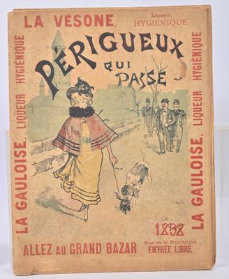un vieux livre sur lequel figure l'image d'une femme promenant son chien