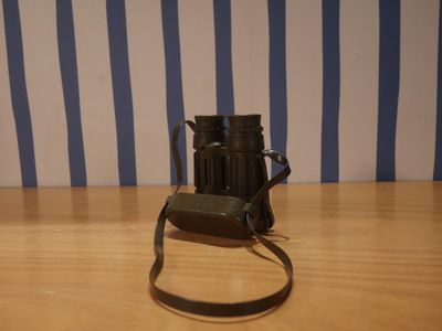 un appareil photo noir posé sur une table en bois, avec en arrière-plan un mur rayé de bleu et de blanc