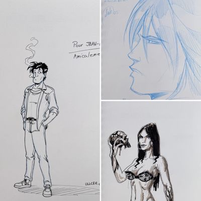 four different sketches of a man and a woman holding flowers