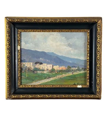 une peinture à l'huile représentant une vue d'une ville avec des montagnes en arrière-plan